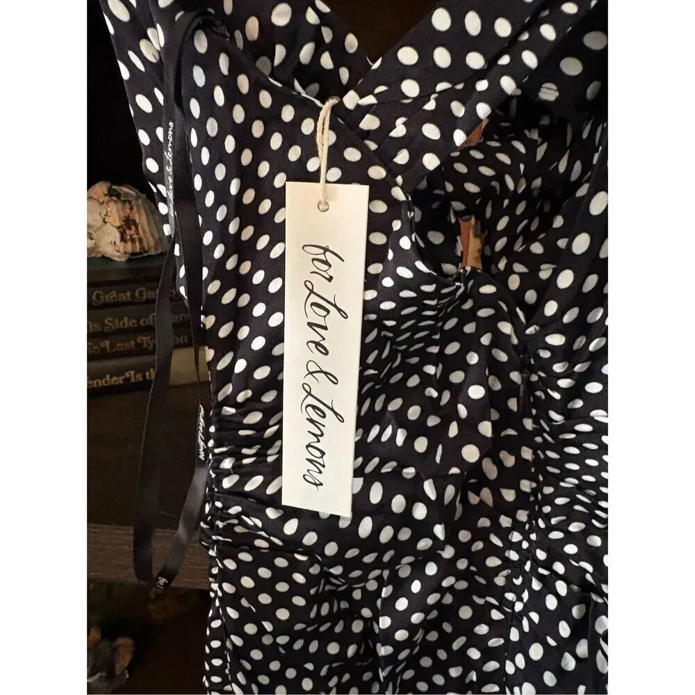 NWT For Love & Lemons Beth Black & White Polka Dot Midi Dress Size XS